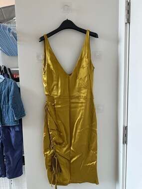 Galvan London Gold Atlas Satin Ruched V-Neck Mini Dress 36